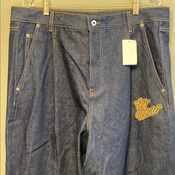 NWT & SOLD OUT Off-White '90s Logo Baggy Denim Jeans in Raw Blue Gold 36W x 36L - Picture 6 of 12